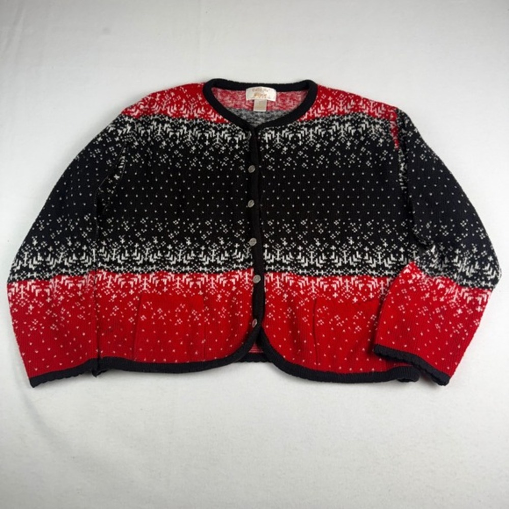 Tally‎ Ho Womens Fair Isle Knit Cardigan Sweater Red Black White Size L